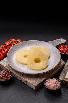 Tropical fruit pineapple in rings or slices tinned sweet Stock Photos