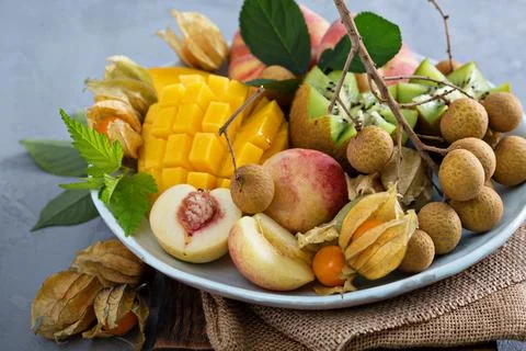 Tropical fruit plate with mango and kiwi Stock Photos