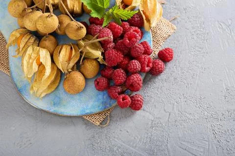 Tropical fruit plate with mango and peaches Stock Photos