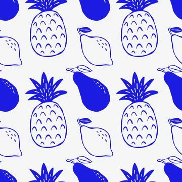 Tropical fruit seamless pattern in blue ink on white Stock Illustration