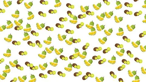 Tropical fruit seamless pattern with durian and kiwi illustrations on white.. Stock Illustration