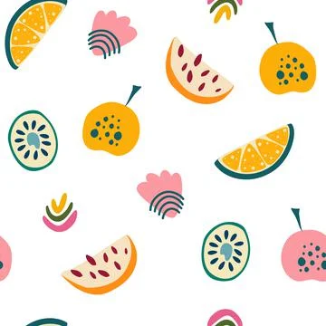 Tropical fruit seamless pattern. Lemon, kiwi, apple and melon. Modern abstrac Stock Illustration