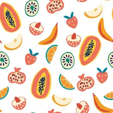 Tropical fruit seamless pattern. Papaya, lychee, banana, lemon, kiwi, pomegra Ilustração Stock