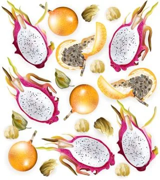 Tropical fruits pattern Vector realistic. Dragon fruit, Stock Illustration
