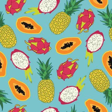 Tropical fruits seamless pattern, pineapple, dragon fruit and, papaya Stock Illustration