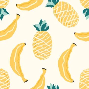 Tropical fruits seamless pattern. Pineapple and banana summer wallpaper Illustrazione stock
