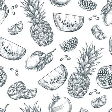 Tropical fruits seamless vector pattern. Sketch hand drawn illustration of pi Stock Illustration
