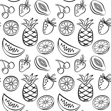 Tropical fruits seamless vector pattern in line style drawing Stock Illustration
