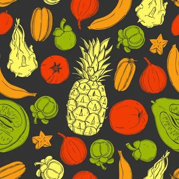 Tropical fruits. Vector  pattern Stock Illustration