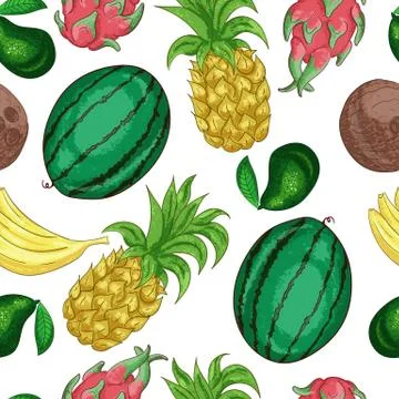 Tropical fruts seamless pattern. Sweet tropical fruit cut into pieces line art. Stock Illustration