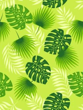 Tropical green leaves seamless pattern on light green background. Vector Stock Illustration
