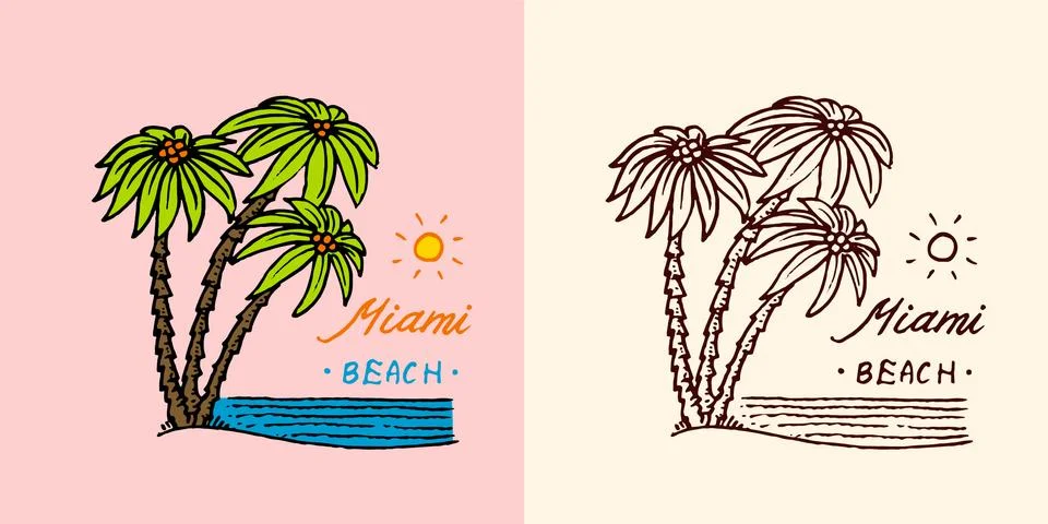 Tropical green palm emblem. Surfing sign. Summer Surf. Miami Beach. Vintage Stock Illustration