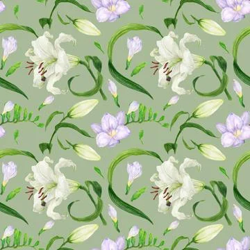 Tropical green seamless pattern with lily and freesia flowers 库存插图