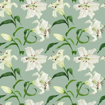 Tropical green seamless pattern with white lily Stock Illustration