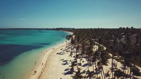 Tropical hotel resort beach with palm trees and people swiming Vídeos de archivo 99978341
