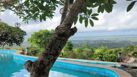 Tropical Infinity Pool Overlooking Lush Valley Landscape at Luxury Resort Stock Footage 340465383
