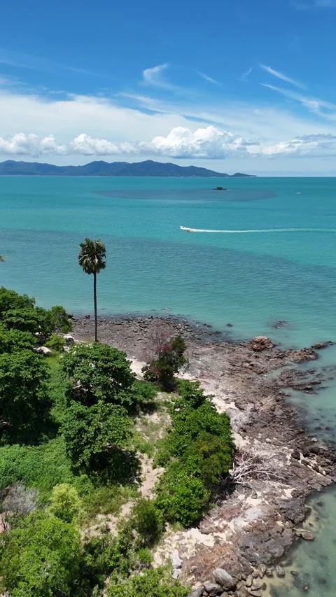 Tropical Island Coastline Aerial View Moving Over Turquoise Water in Koh Samui, Stock Footage 335826853
