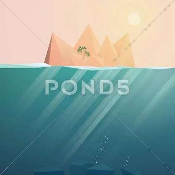Tropical island landscape vector background with underwater space. Sunset scene Stock Illustration
