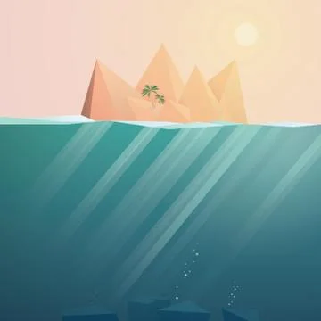 Tropical island landscape vector background with underwater space. Sunset scene Stock Illustration