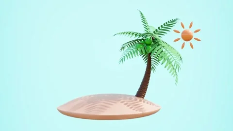 Tropical island with a palm tree, coconuts, and stylized sun on a light blu.. Video stock 314217175