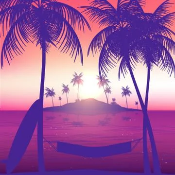 Tropical Island with Palms, Surfboard, Sunset and Hammock - Vector Illustrati Stock Illustration