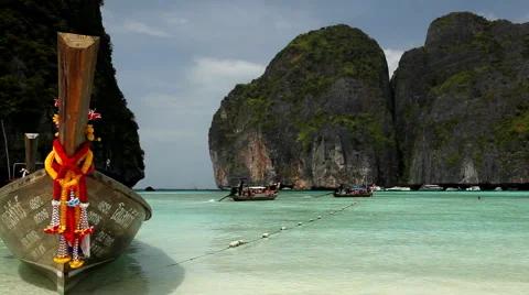 Tropical Island Paradise, Long Tail Boats Maya Bay, Amazing Sandy Beach Thailand Stock Footage
