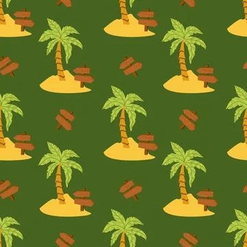 Tropical island pattern with palm trees and wooden signs on green background Stock-Illustration
