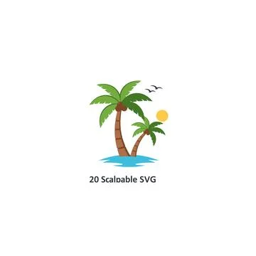 Tropical island scene with palm trees, sun, and flying bird vector 스톡 일러스트