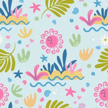Tropical island sunset seamless pattern. Abstract textured print with Sun. Illustrazione stock