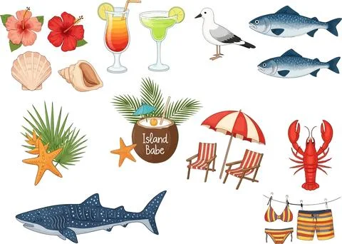 Tropical Island Vacation Elements: Beach, Drinks, Seafood, and Animals Stock Illustration