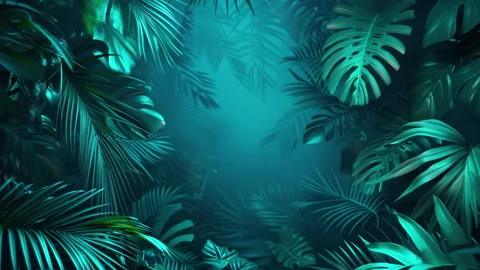 Tropical jungle background with palm and monstera leaves in blue light Stock Footage 320431920