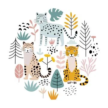 Tropical jungle elements isolated on white. Wild animals, plants, leaves, f.. Stock Illustration