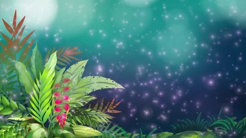Tropical Jungle Foliage with Glowing Magic Particles Drifting Right Stock Footage 339836176