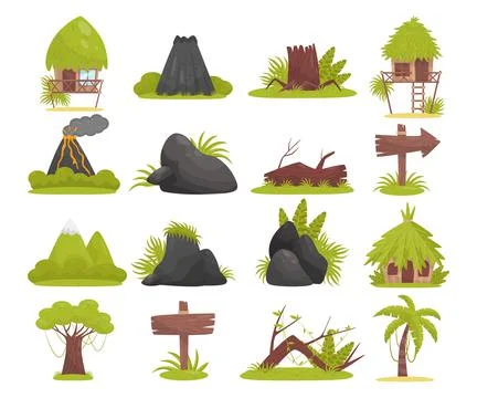 Tropical Jungle Landscape Design Elements with Bungalow, Mountain, Tree, Boulder Stock Illustration