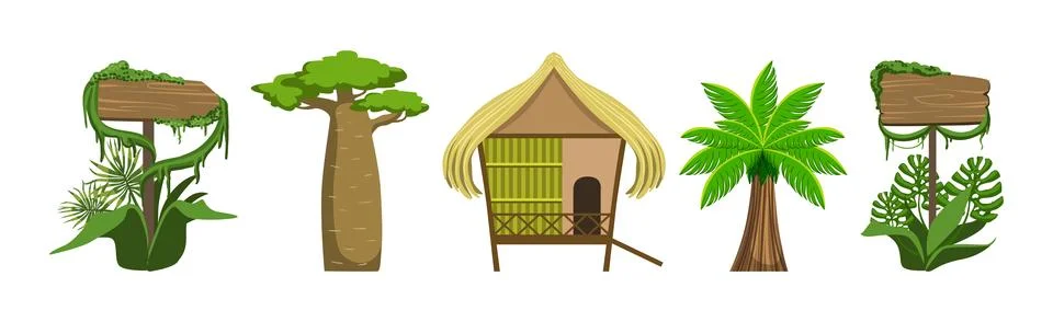 Tropical Jungle Landscape Design Elements and Object Vector Set Stock Illustration