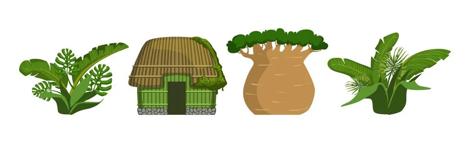 Tropical Jungle Landscape Design Elements and Object Vector Set Stock Illustration