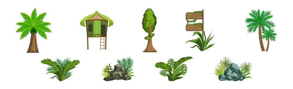 Tropical Jungle Landscape Design Elements and Object Vector Set Stock Illustration