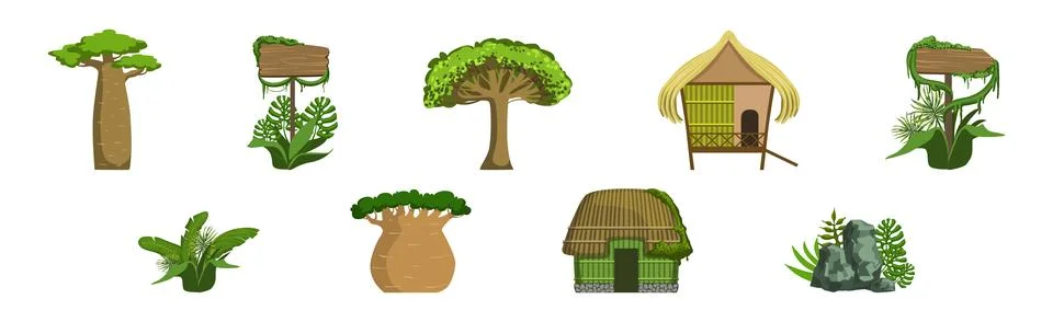 Tropical Jungle Landscape Design Elements and Object Vector Set Stock Illustration