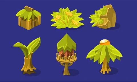 Tropical Jungle Landscape Elements Set, Exotic Plants, Tree House, Hut, User 스톡 일러스트