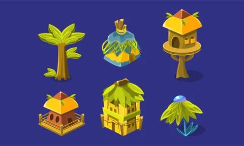 Tropical Jungle Landscape Elements Set, Exotic Plants, Tree House, Wooden Houses Stock Illustration