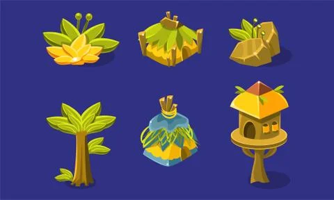 Tropical Jungle Landscape Elements Set, User Interface Assets for Mobile App or Stock Illustration