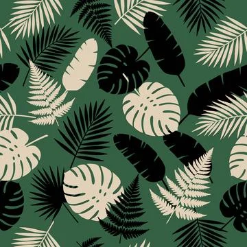 Tropical Jungle Leaves Seamless Pattern Green Background. Stock Illustration