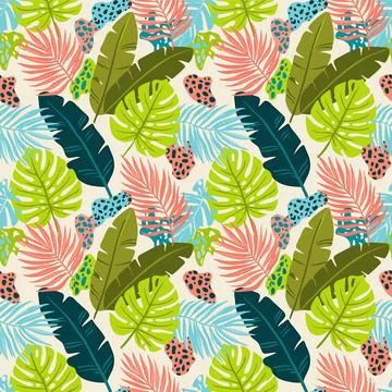 Tropical Jungle Leaves Seamless Pattern Vibrant Colors. Stock Illustration