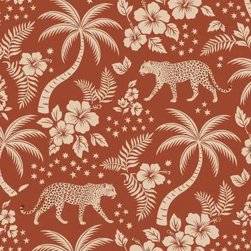 Tropical Jungle Pattern with Leopards and Palm Trees on Terracotta Background Stock Illustration