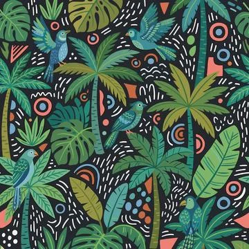 Tropical Jungle Pattern with Palm Trees and Exotic Birds. Stock Illustration