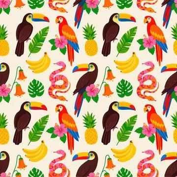 Tropical Jungle Seamless Pattern with Exotic Birds and Fruits. Stock Illustration