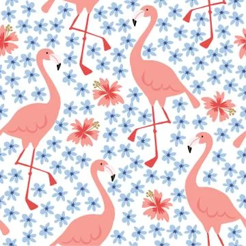 Tropical jungle seamless pattern with hand drawn flamingo bird and hibiscus Stock Illustration