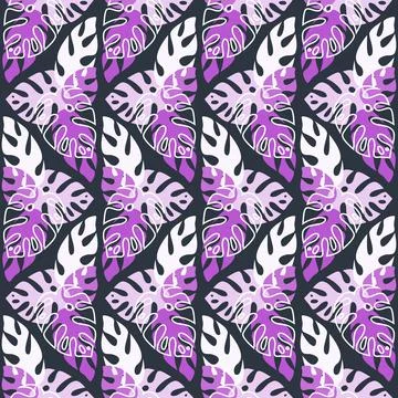 Tropical jungle seamless pattern monstera palm leaf, lilac purple dark color Stock Illustration