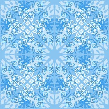 Tropical jungle seamless pattern monstera palm leaf, blue white color, vector Stockillustratie