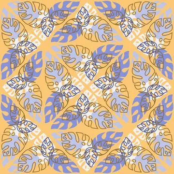 Tropical jungle seamless pattern monstera palm leaf, yellow purple color, vec Stock Illustration